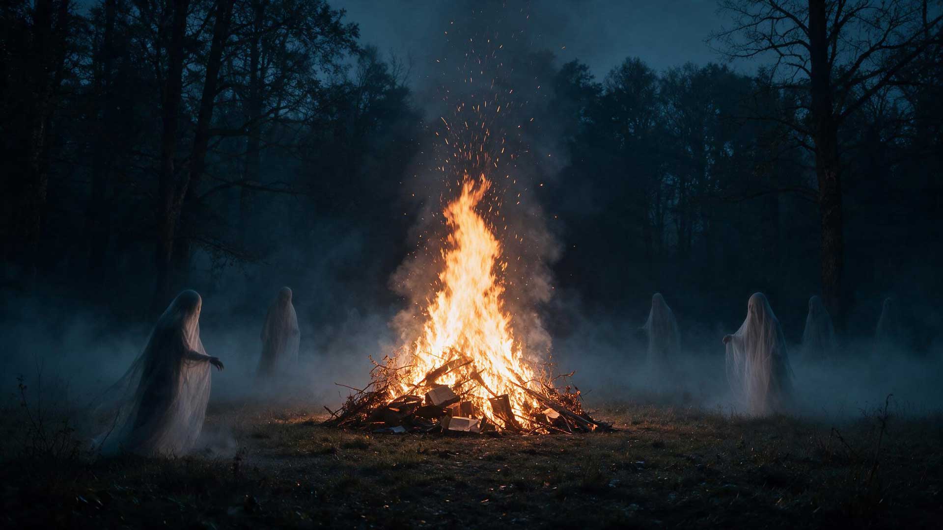 A tall bonfire burning in a misty field at dusk, with sheeted figures standing in a ring around it.
